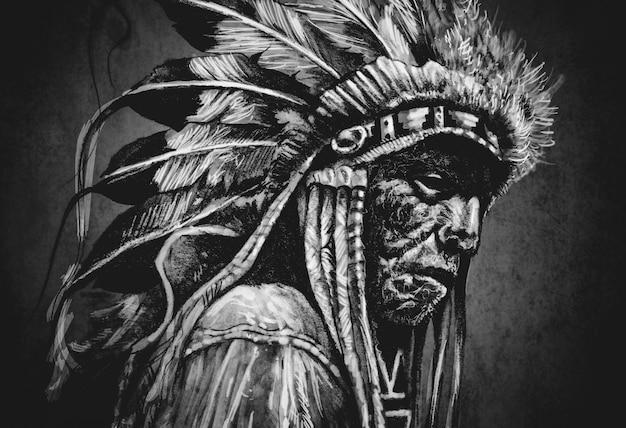 Photo tattoo art, portrait of american indian head over dark background