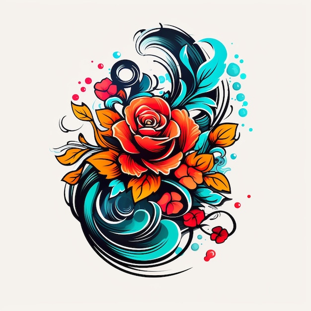Foto arte del tatuaggio di una rosa con turbinii e foglie ai generative