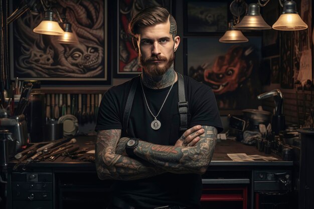 Tattoo artist in a vintage styled studio