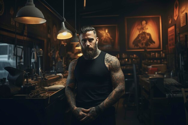 Tattoo artist in a vintage styled studio
