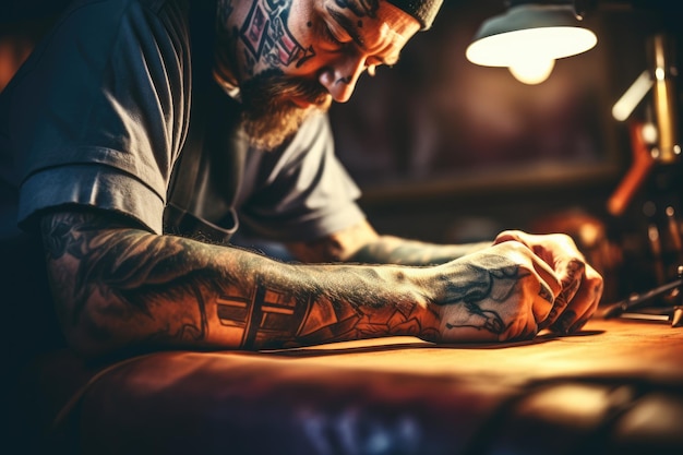 a tattoo artist at work needle in hand Concentrated gaze Ink on skin ai generated