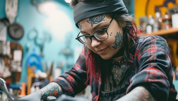 Foto un tatuatore al lavoro in uno studio.