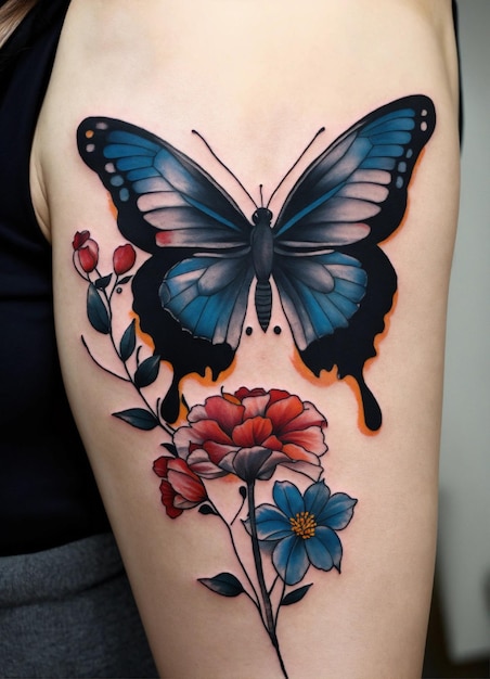 татуировка бабочки и цветов со словами бабочка
