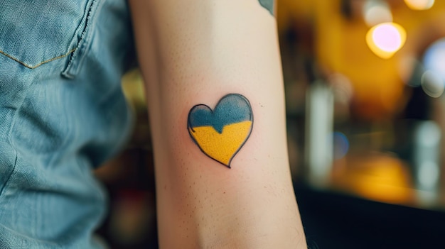 Tatuaggio con un cuore giallo e blu ispirato ai colori della bandiera ucraina