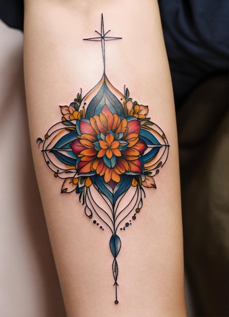 татуировка с цветом, на которой есть цветок