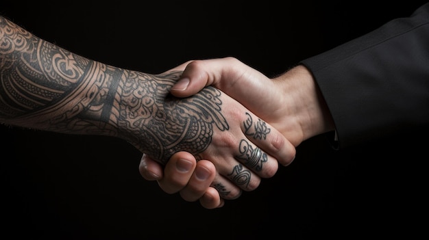 문신 악수 두 사업가는 성공적인 합의를 의미합니다 검정색 배경 생성 AI