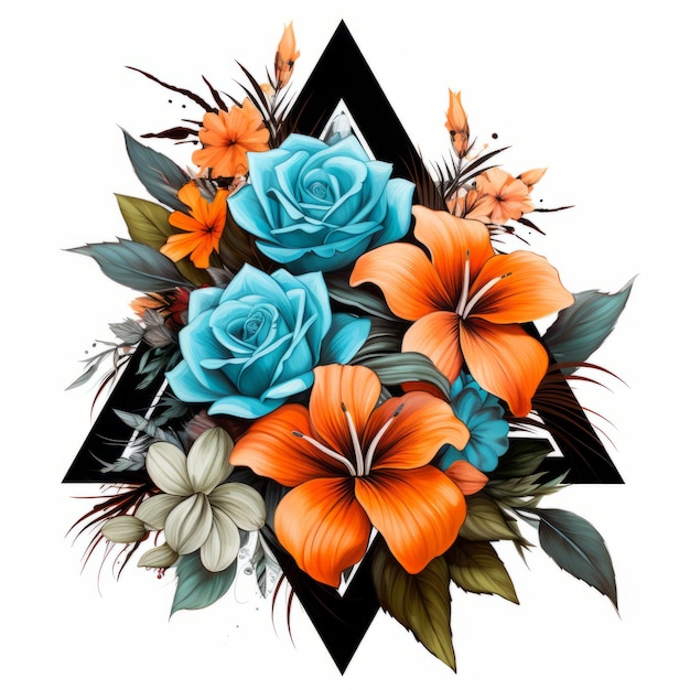 tattoo-ontwerp met blauwe rozen en oranje lelies