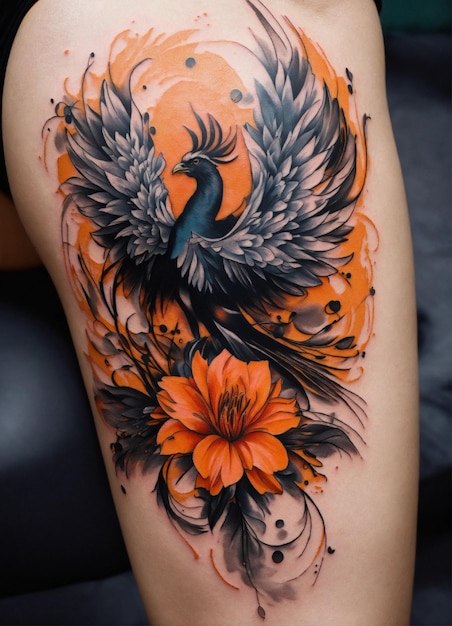 a tattoo of a peacock and flowers on a womans arm