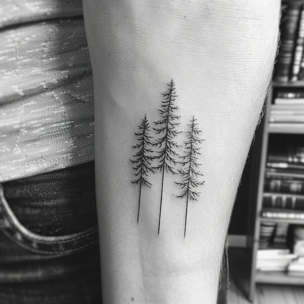 a tattoo of pine trees on a persons leg