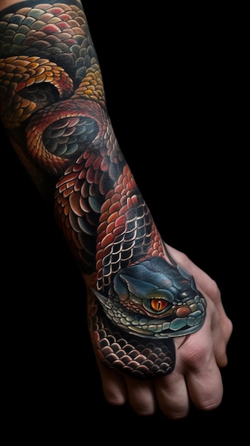 A tattoo of a snake on a man's hand