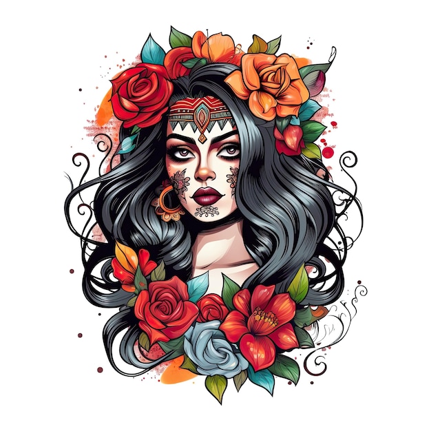 Tattoo stijl portret van chicano meisje Mexicaanse vrouw met bloemen kunst geïsoleerd generatieve AI