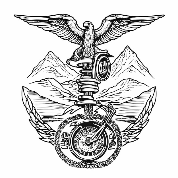 Photo tattoo style line drawing caduceus motorcycle mountains coloring page