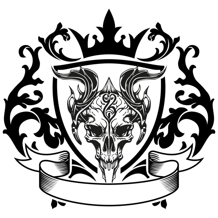 Photo tattoo and t shirt design black and white hand drawing special head skeleton crowned illustration