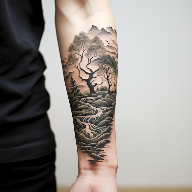 a tattoo of a tree and the word quot the word quot on the left side