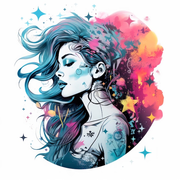 Татуировка женщины в стиле электрического мечтательного пейзажа поп-инспо изолирована на белом фоне