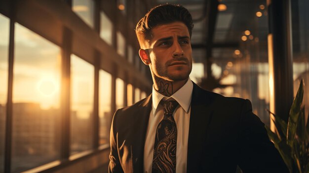 A tattooed businessman wellsuited inside a office near a window showing a city background