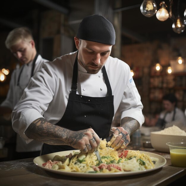 Tattooed chef preparing a large pasta dish in a commercial kitchen