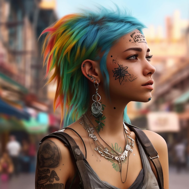 Tattooed cyberpunk girl in a megacity