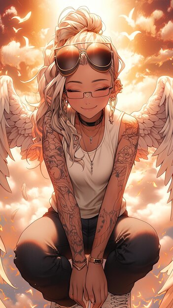 Tattooed Halo Harmony Angel Girl in Stylish Sunglasses Lounging on Cloud from Above