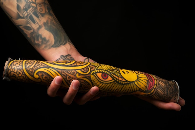 Tattooed hand holding a banana