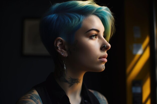 A tattooed happy woman with light blue short haircut standing in the office Generative AI AIG21