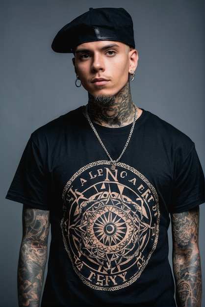 Tattooed male model wearing plain black tshirt oversize tshirt mockup template for your design