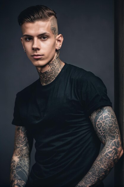Tattooed male model wearing plain black tshirt oversize tshirt mockup template for your design