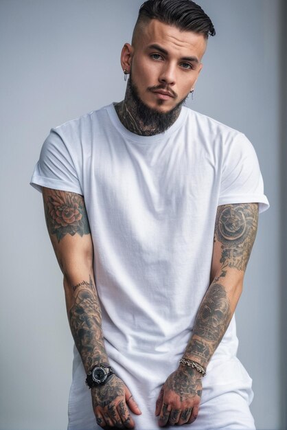 Татуированная мужская модель в обычной белой футболке с макетным шаблоном для вашего дизайна