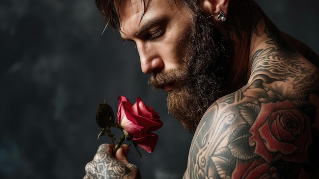 Tattooed Man Contemplatively Holding a Single Rose