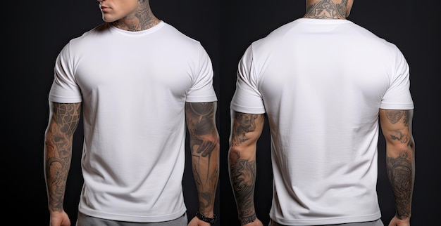 Tattooed man wearing white tshirt on black background Male model wearing a white half sleeves tshirt on a Black background front view and back view top section cropped AI Generated