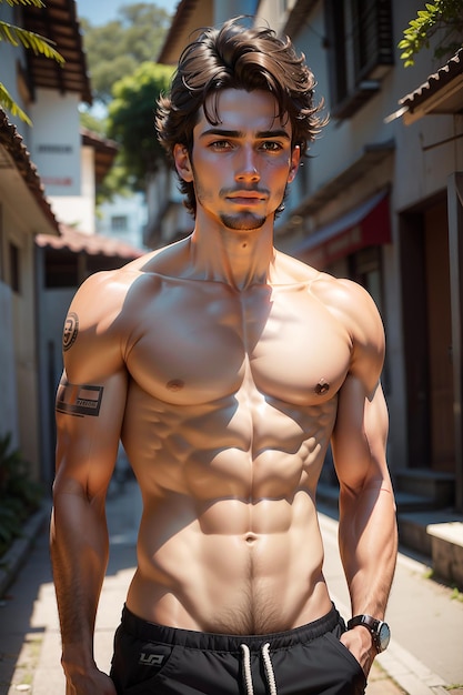 a tattooed man with silky hair shirtless on the street of home