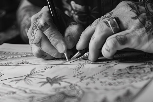 A tattooed man writing on a piece of paper