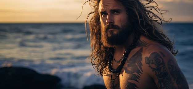 Tattooed surfer with long hair and a beard at the beach