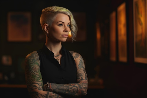 Foto una donna tatuata con un taglio di capelli corto biondo in piedi in ufficio generative ai aig21