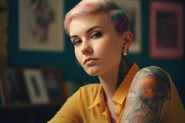 A tattooed woman with short haircut in an office Generative AI AIG21