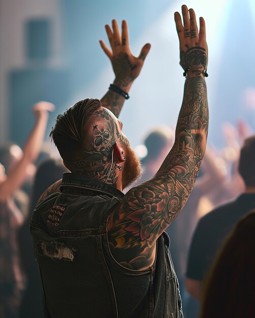 Photo tattooed worshipper with raised hands in church service