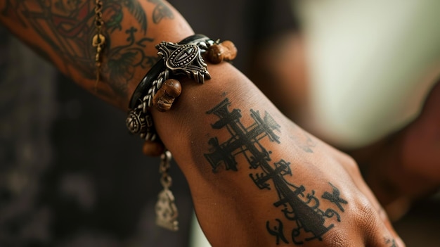 写真 十字架のタトゥーと宗教的なブレスレットのタトゥーされた手首