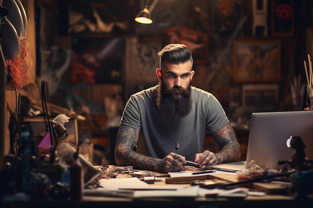 Tattooed Young man Deeply Focused in Creative Studio