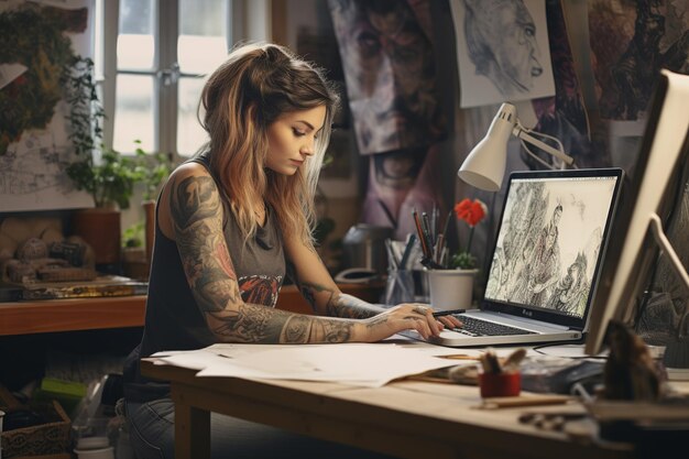 Photo tattooed young woman deeply focused in creative studio