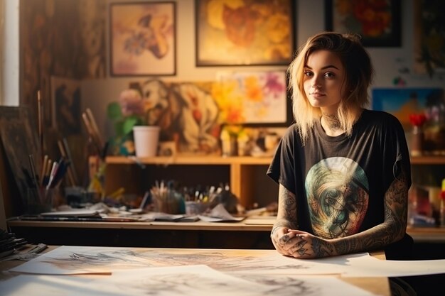 Photo tattooed young woman deeply focused in creative studio