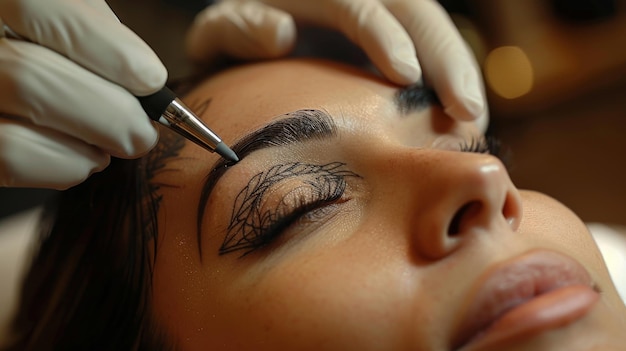 Photo tattooing of eyebrows by a cosmetologist a closeup of the process