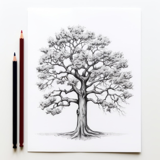 타투 영감을 받은 오크 나무 의 연필 그림 과잉 현실적 인 일러스트레이션