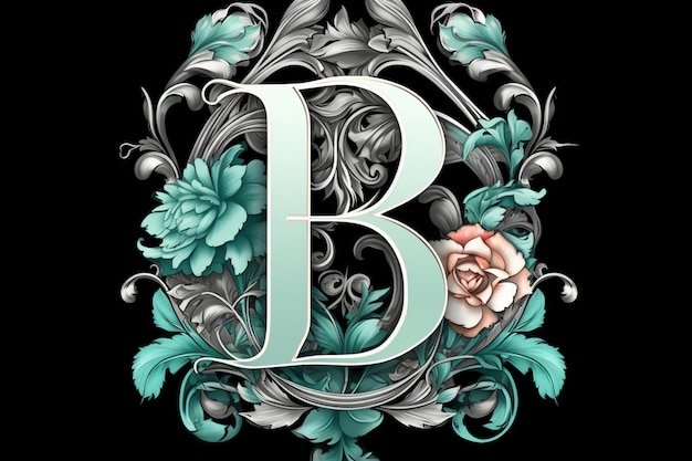 文字 B のバラのフィリグリー ティールとシルバーを使用したタトゥー スタイルのロゴ