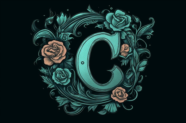 Photo tattoostyle logo using letter c roses filigree teal and silver