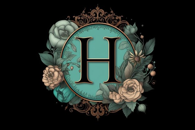 Tattoostyle logo using letter H roses filigree teal and silver