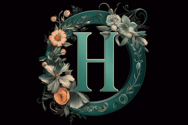 Tattoostyle logo using letter H roses filigree teal and silver