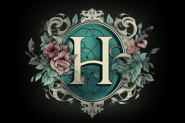 Tattoostyle logo using letter h roses filigree teal and silver