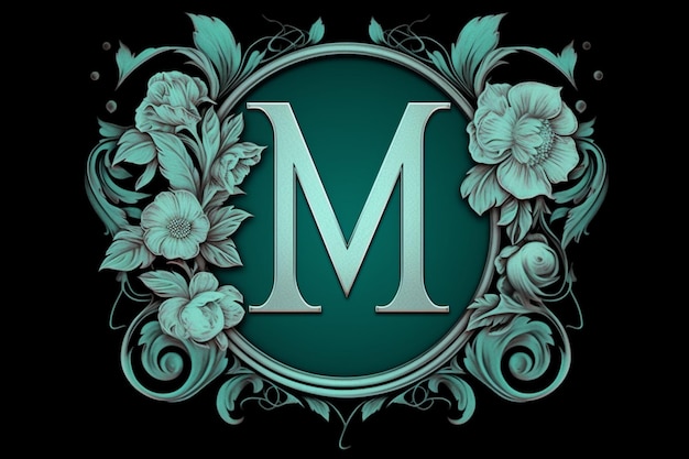 Photo tattoostyle logo using letter m roses filigree teal and silver