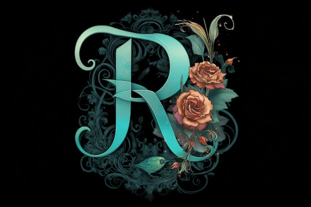 Tattoostyle logo using letter P roses filigree teal and silver