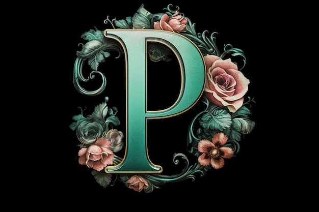 Tattoostyle logo using letter P roses filigree teal and silver